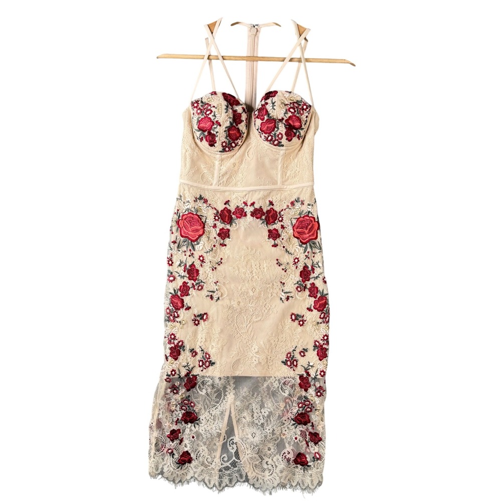bebe Floral Embroidered Lace Strappy bustier Midi Dress Beige Red Rose Size 0